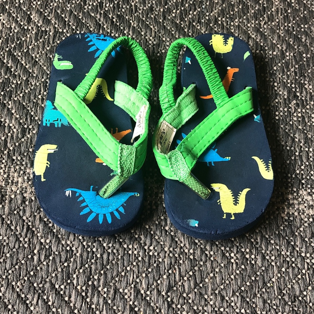 Carter's Navy Flip Flop Sandals with Green Straps and Colorful Dinosaurs